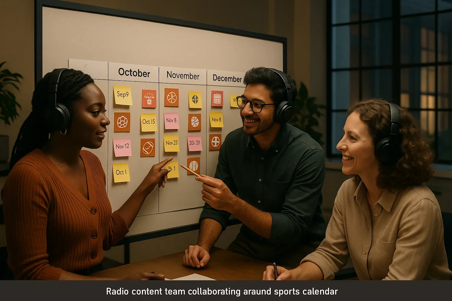 Radio content team of three professionals collaborating around a seasonal sports content planning board with sticky notes organized by month in a modern office