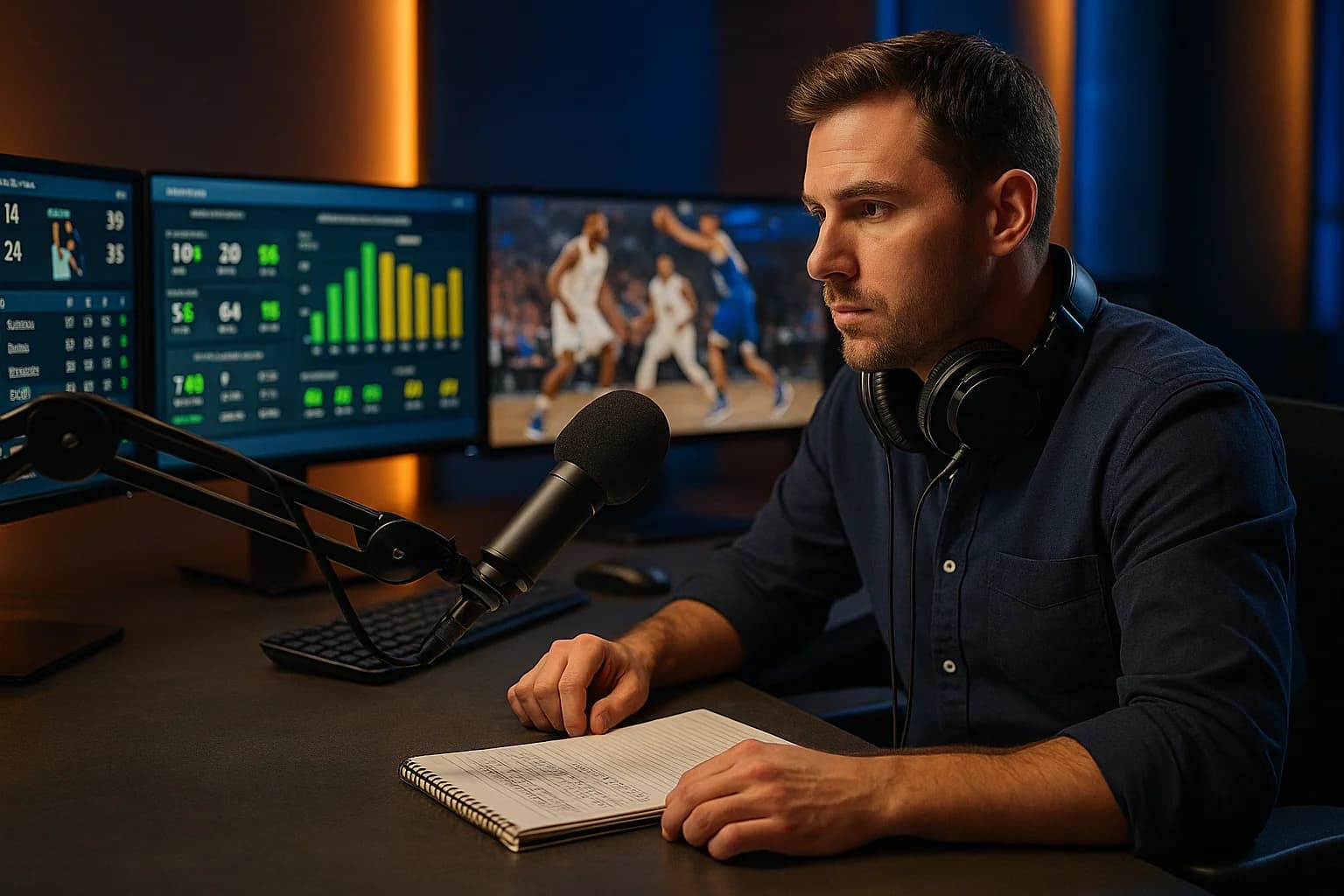 Sports radio broadcaster preparing at professional studio desk with multiple screens showing game scores, stats, and highlights before going on air