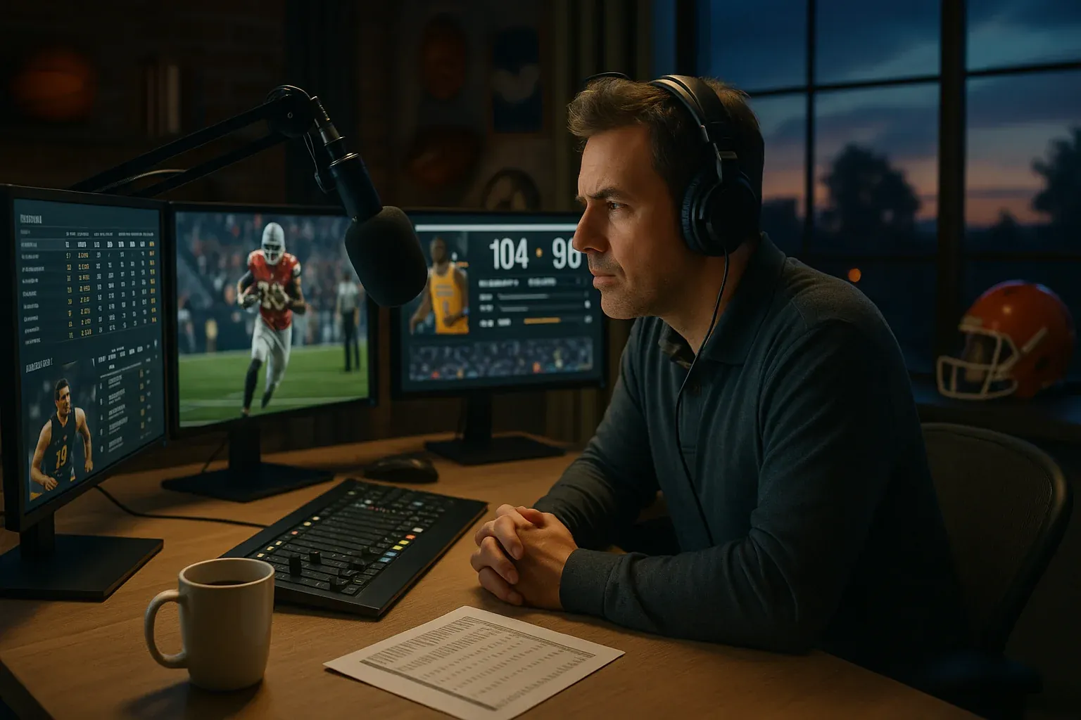 Sports talk radio host reviewing game stats and highlights on multiple screens at a broadcast desk before going on air in early morning