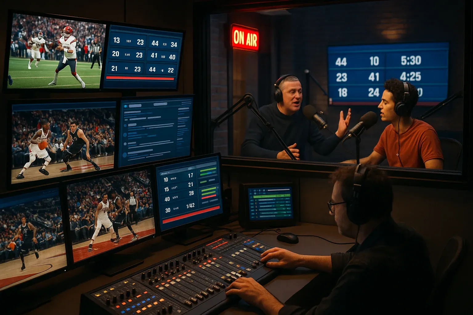 Radio studio control room during a live sports broadcast with score tickers on monitors and a host engaging with callers in an energetic broadcast environment
