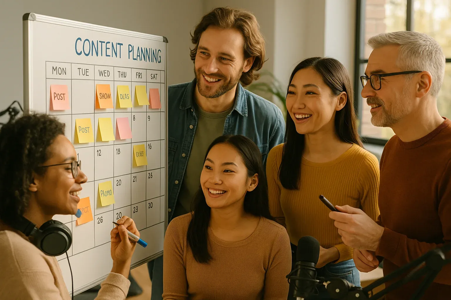 Radio station team collaborating around a whiteboard with colorful content planning sticky notes and a calendar grid in a bright modern office