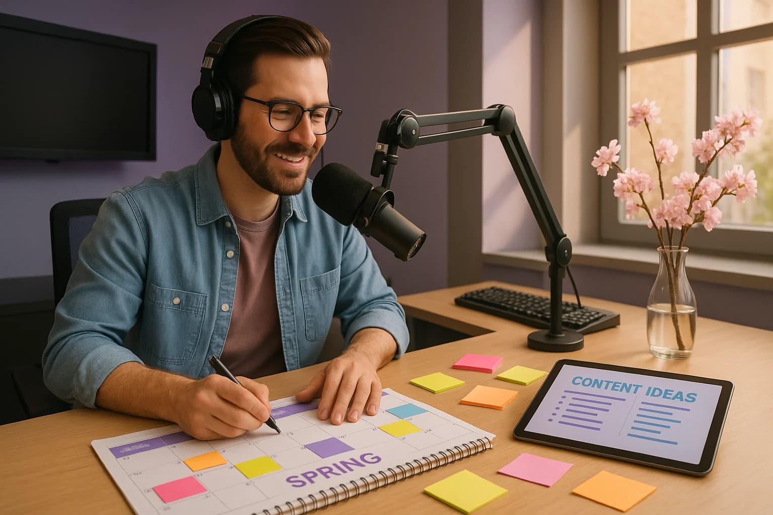 Radio professional planning spring Q2 content at modern broadcast studio desk with seasonal planning materials and spring flowers