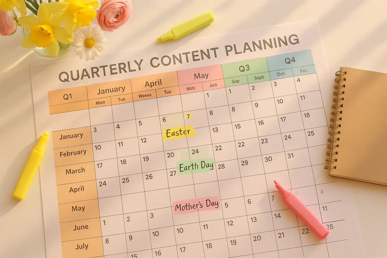 Colorful quarterly content planning calendar on a desk with spring flowers and highlighter pens marking key dates for radio content planning