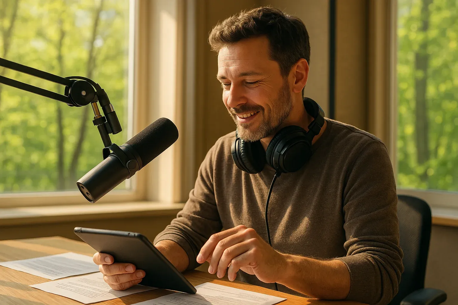 Radio host at studio microphone reviewing show prep notes on a tablet with spring sunlight streaming through the window