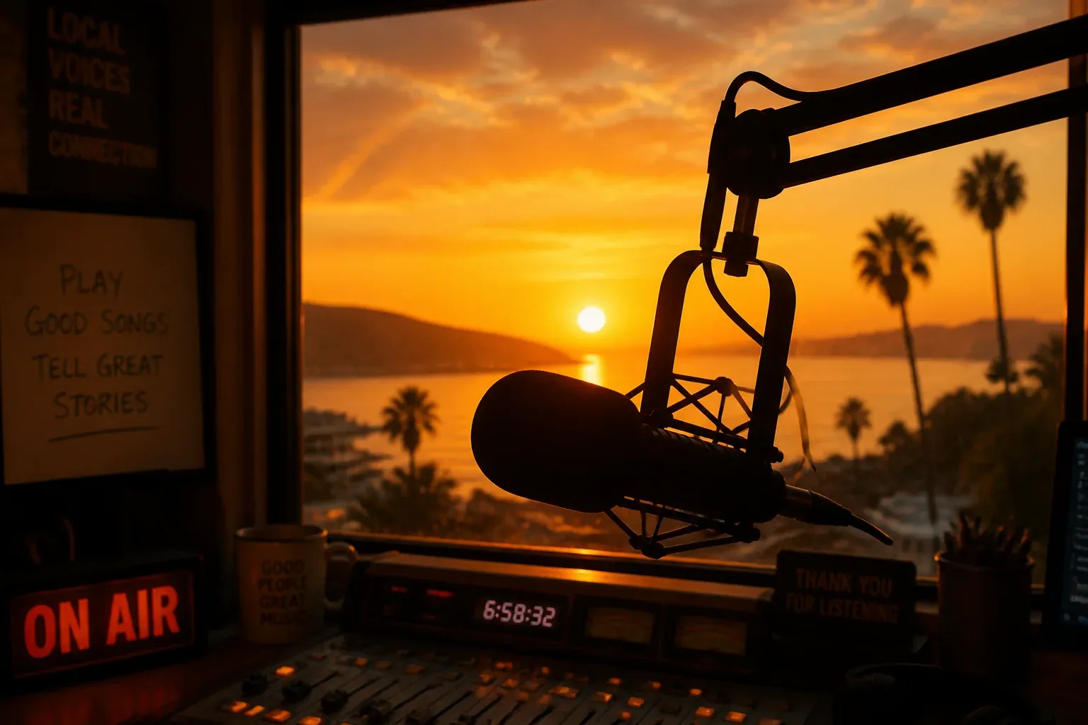 Radio studio microphone silhouetted against a golden summer sunset through the studio window, the calm of a station that planned its summer book