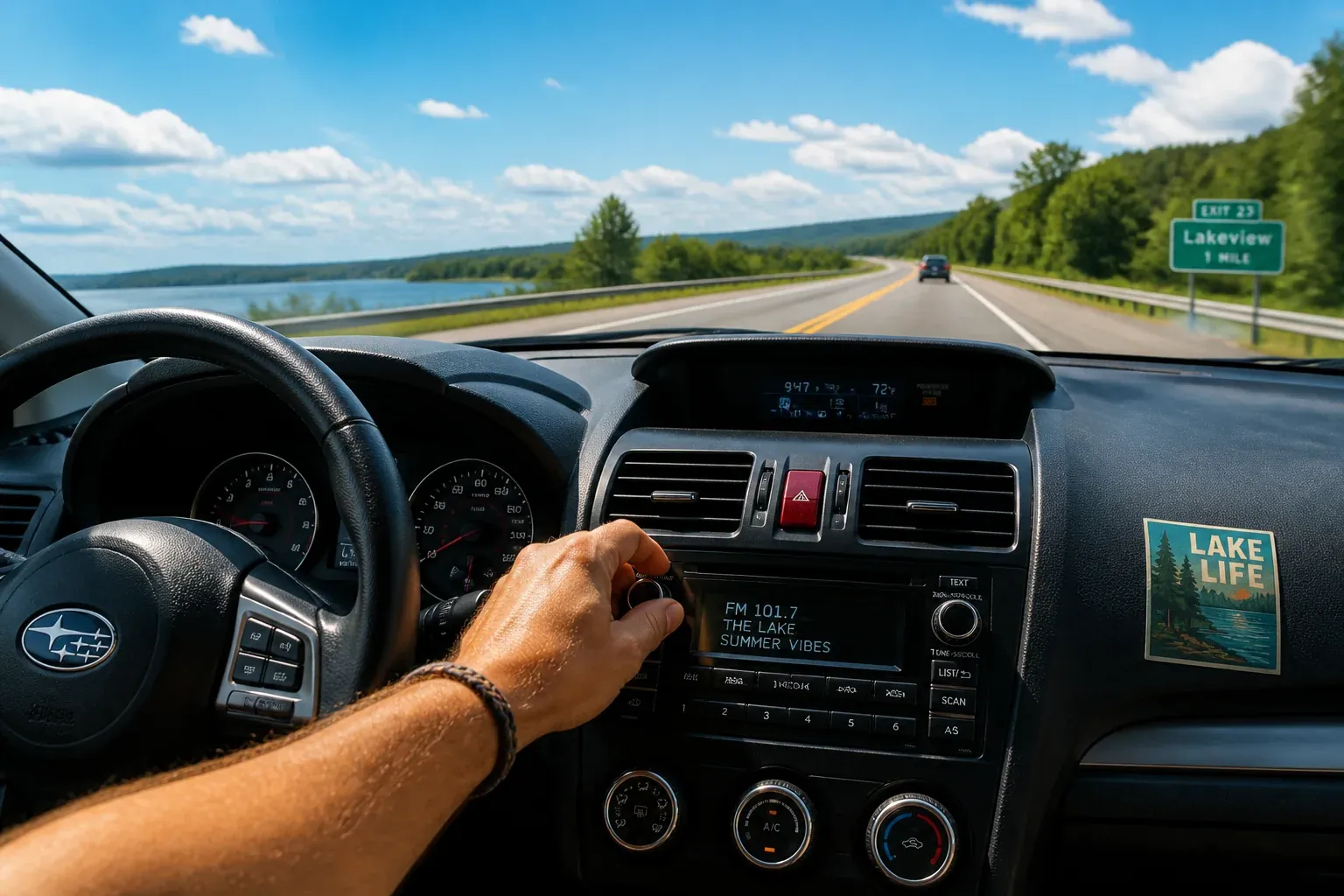 Driver's hand adjusting a car radio dial on a sunlit summer highway, dashboard glowing and open road ahead, capturing the rise of in-car listening during the summer book