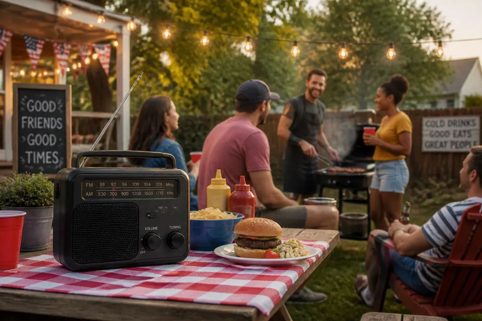 Backyard summer cookout with a portable radio on the picnic table and friends gathered near the grill at dusk, the out-of-home listening environment that defines the summer book
