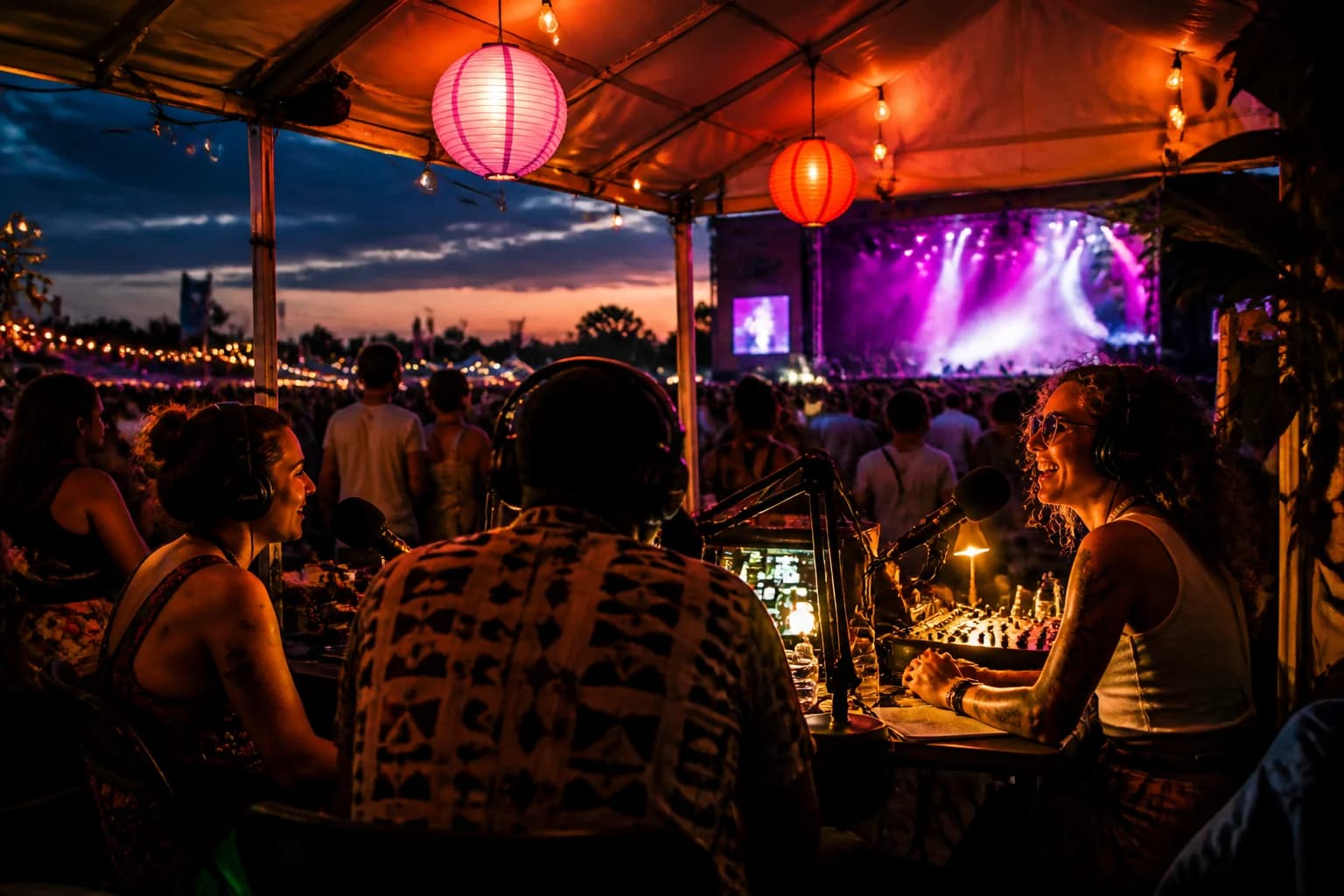 A station broadcast tent glowing at a summer music festival at dusk, with stage lights and a crowd in the background
