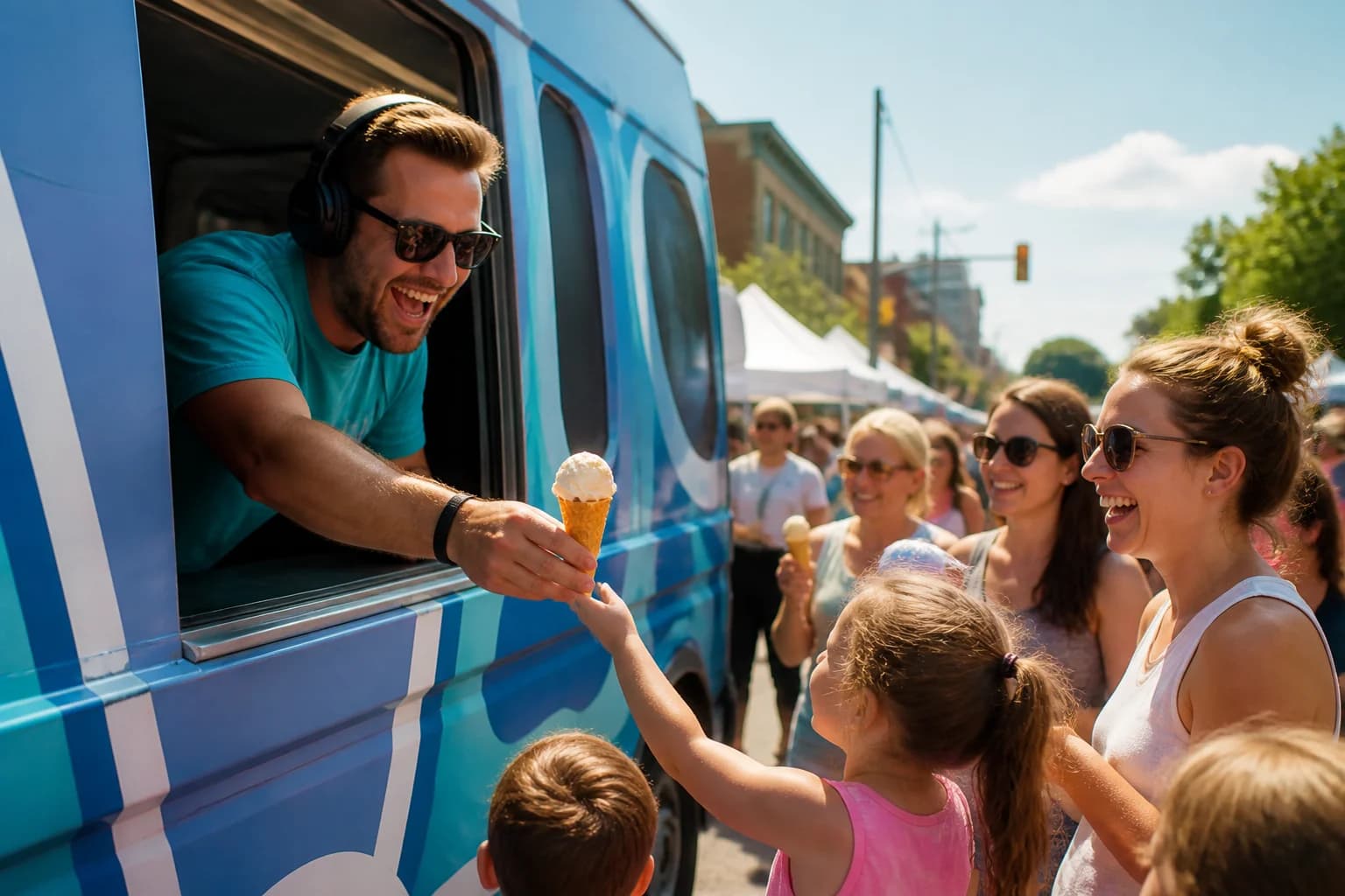 A radio host at a summer street festival handing out ice cream cones beside a station-branded truck on a hot afternoon