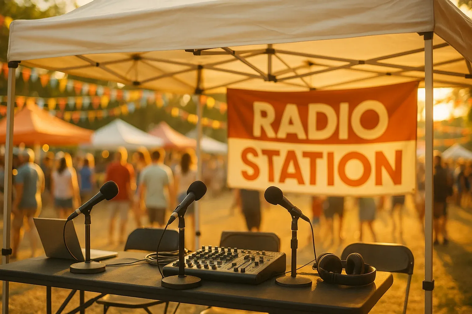 Radio station remote broadcast setup at a bustling summer community festival with a tented booth, broadcast equipment, and festival-goers in the soft-focus background under golden hour light
