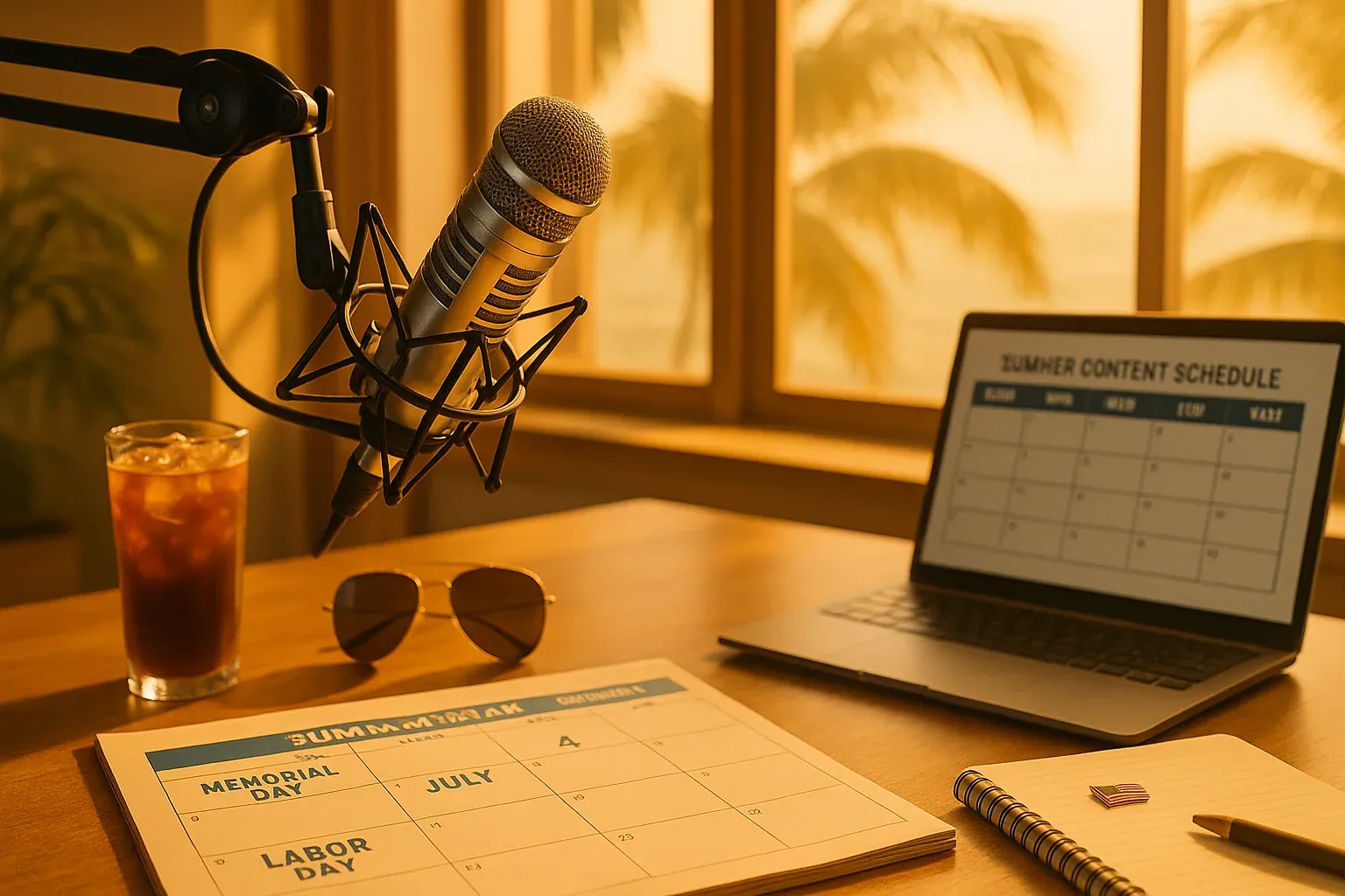 Radio host at a broadcast console with summer sunlight, iced coffee, and an open planning calendar showing summer tentpole dates