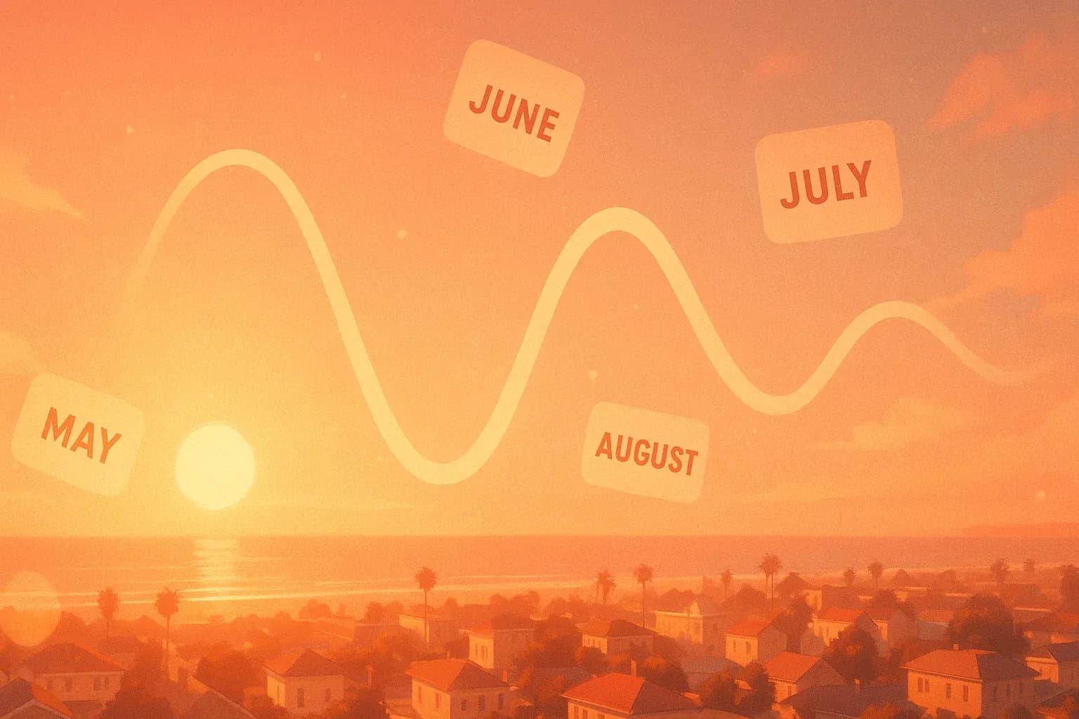 Abstract summer radio content planning visualization with a warm sun-drenched sky, radio wave arcing over a coastal American town, and floating calendar pages marking May, June, July, and August