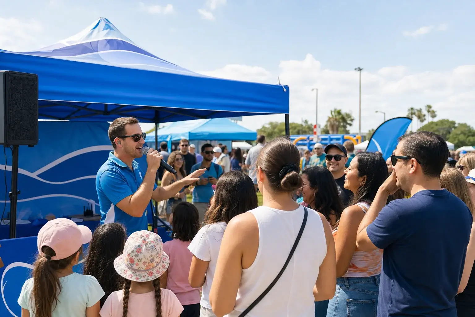 Crowd gathered around a branded radio station tent at a sunny summer community event with a host on microphone