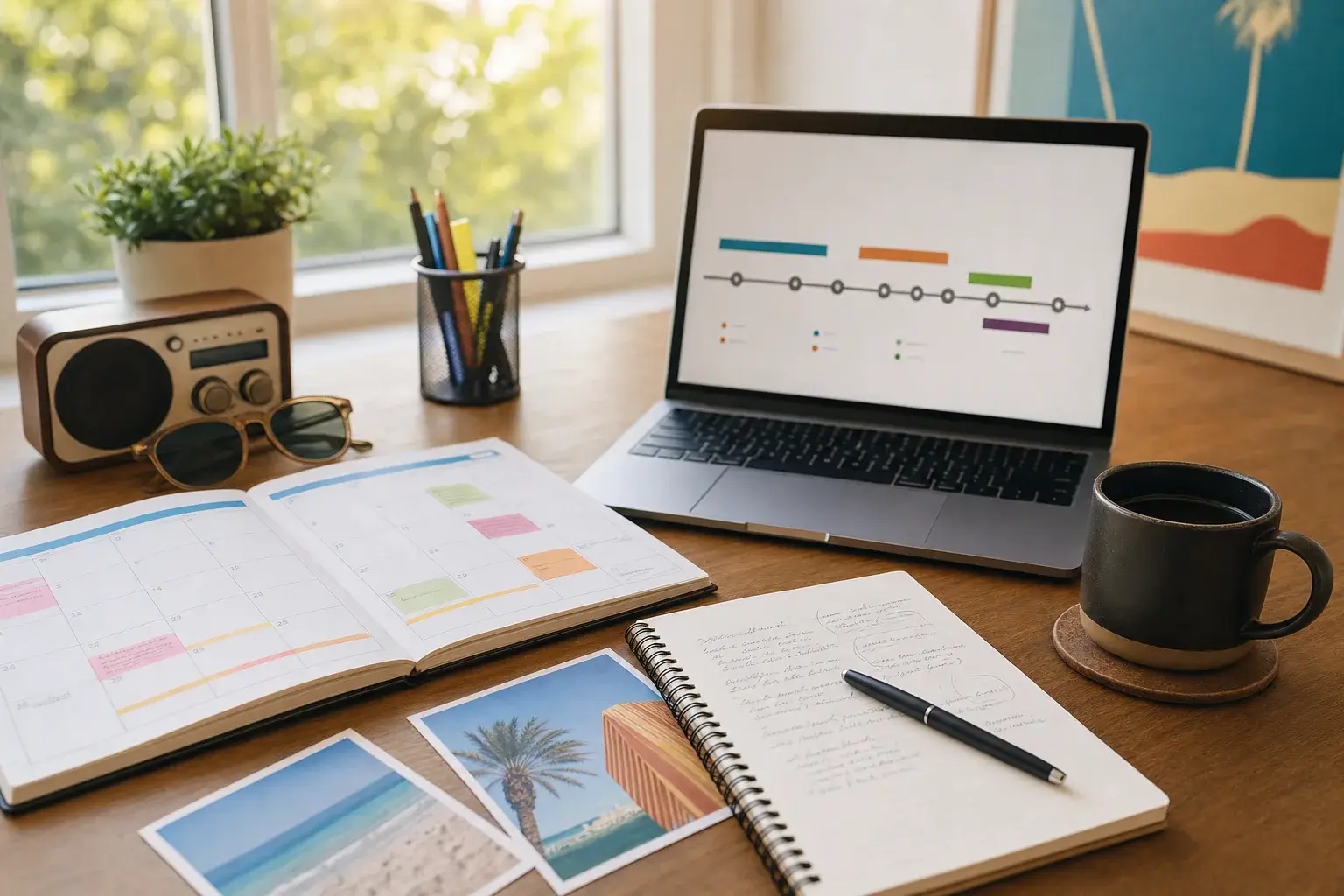 Summer radio promotion planning desk with a calendar, sponsor notes, and a laptop showing a promotion timeline