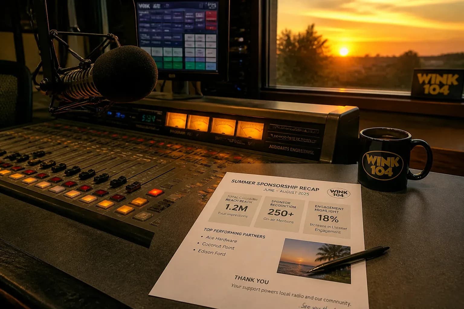 Calm radio studio at golden hour with a printed summer sponsorship recap on the desk, the quiet confidence of a sales team that planned its Q3