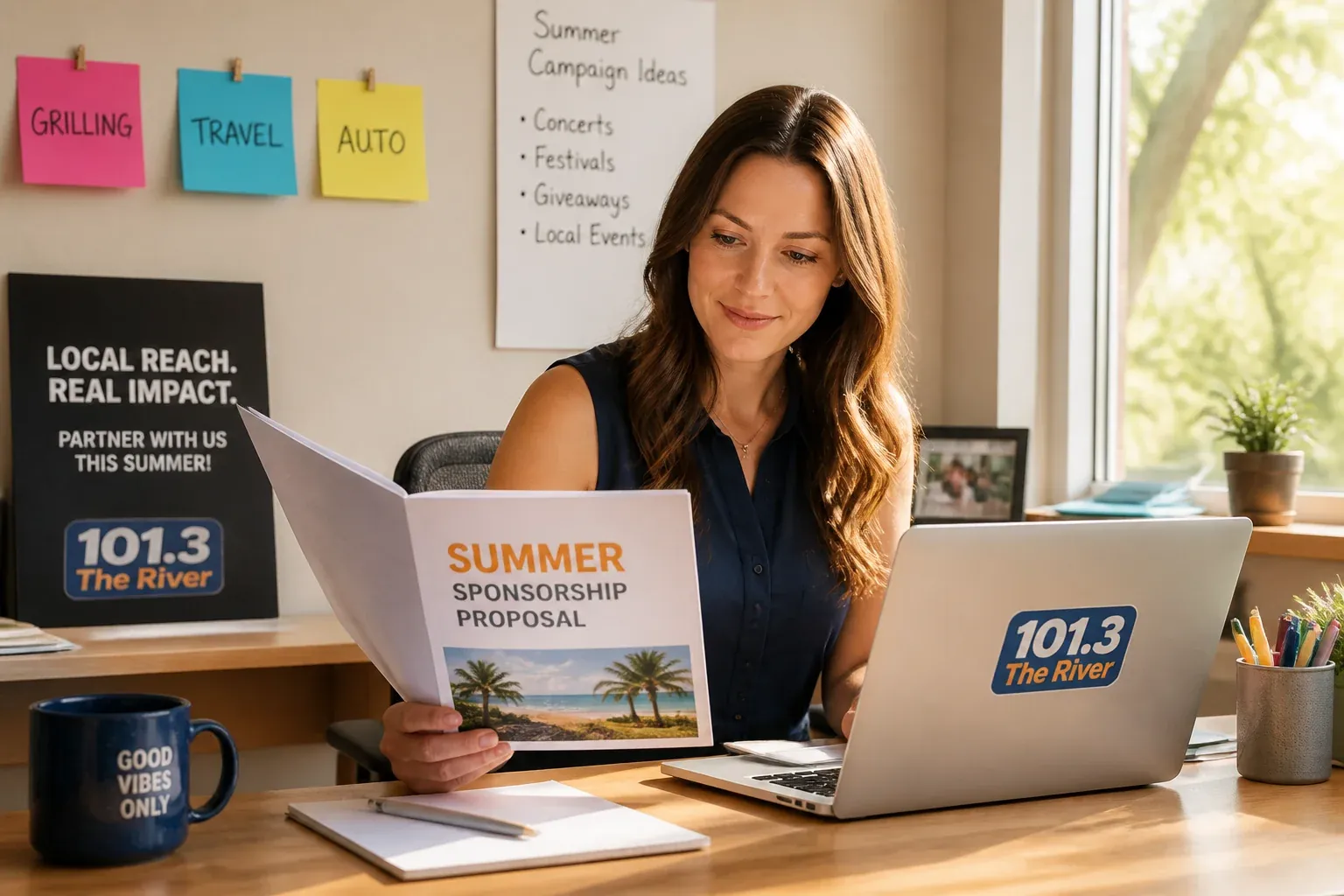 Radio sales seller building a themed summer sponsorship proposal at a desk, sticky notes for grilling, travel, and auto categories on the wall behind a sunlit window