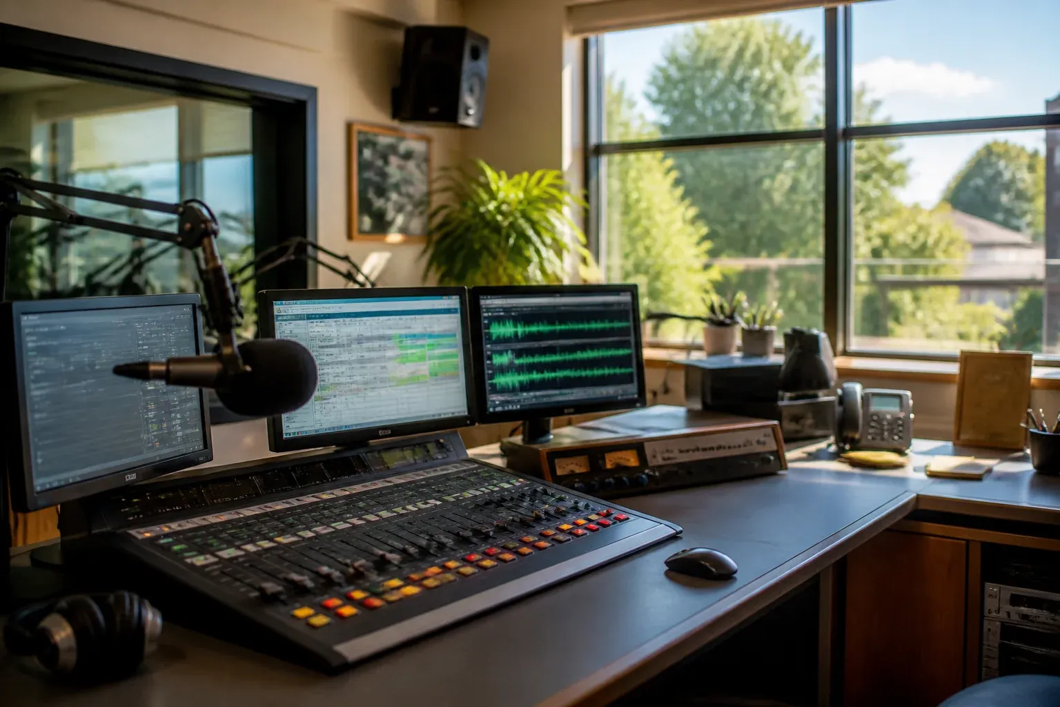 Small radio station control room running smoothly on a summer afternoon with prep content on the monitors