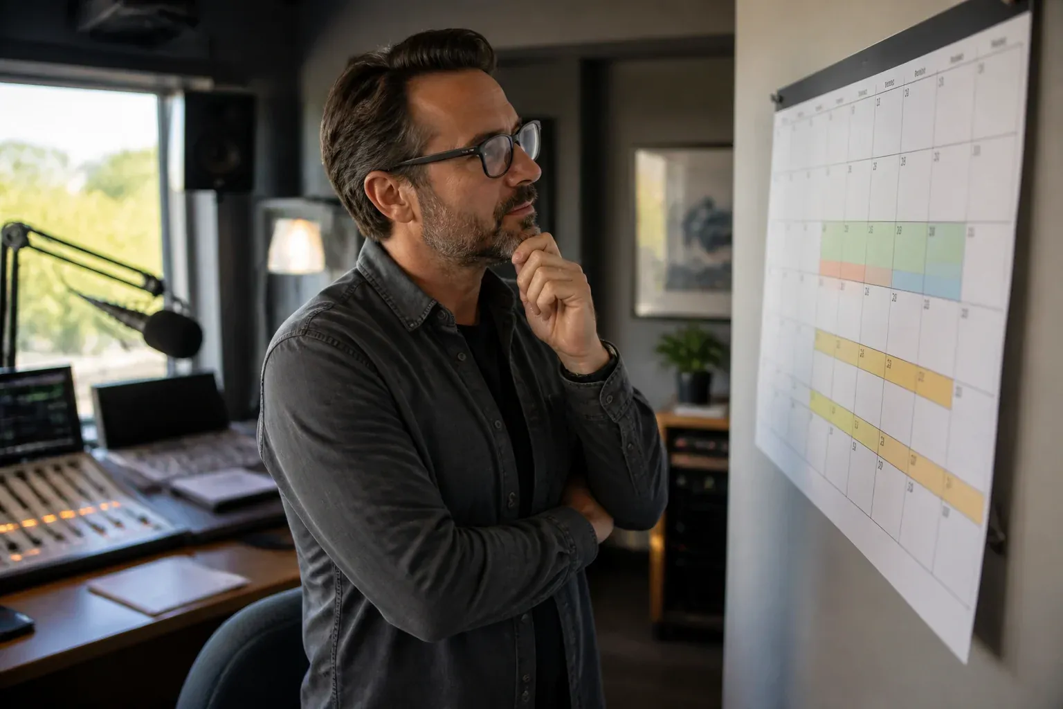 Radio program director studying a wall calendar marked with summer vacation dates in a studio office