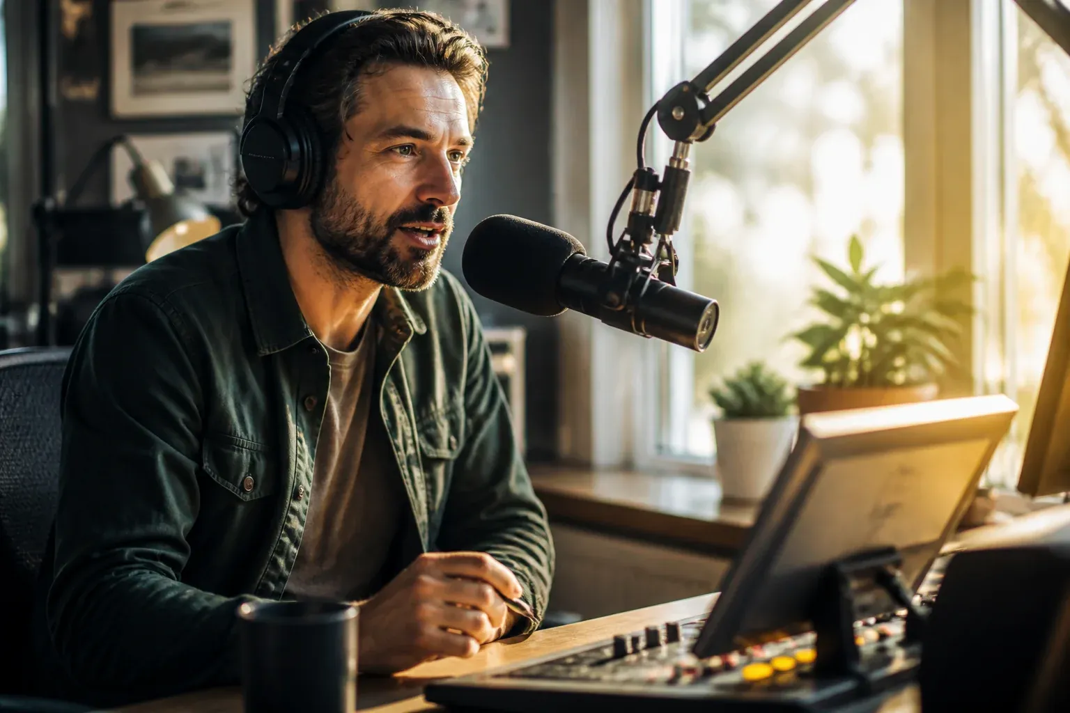 Relaxed radio host voice-tracking segments in a sunlit studio with prep notes on screen