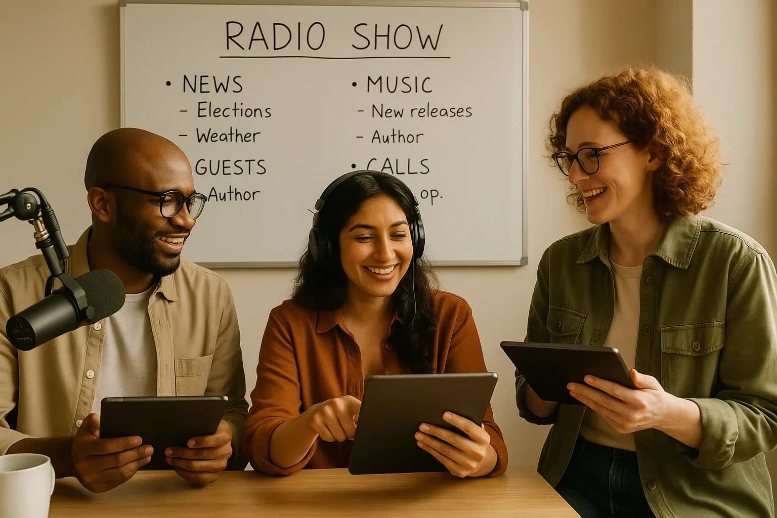 Radio professionals collaborating in a modern broadcast planning room, reviewing content on tablets and whiteboards with topic outlines in a warm, casual professional atmosphere