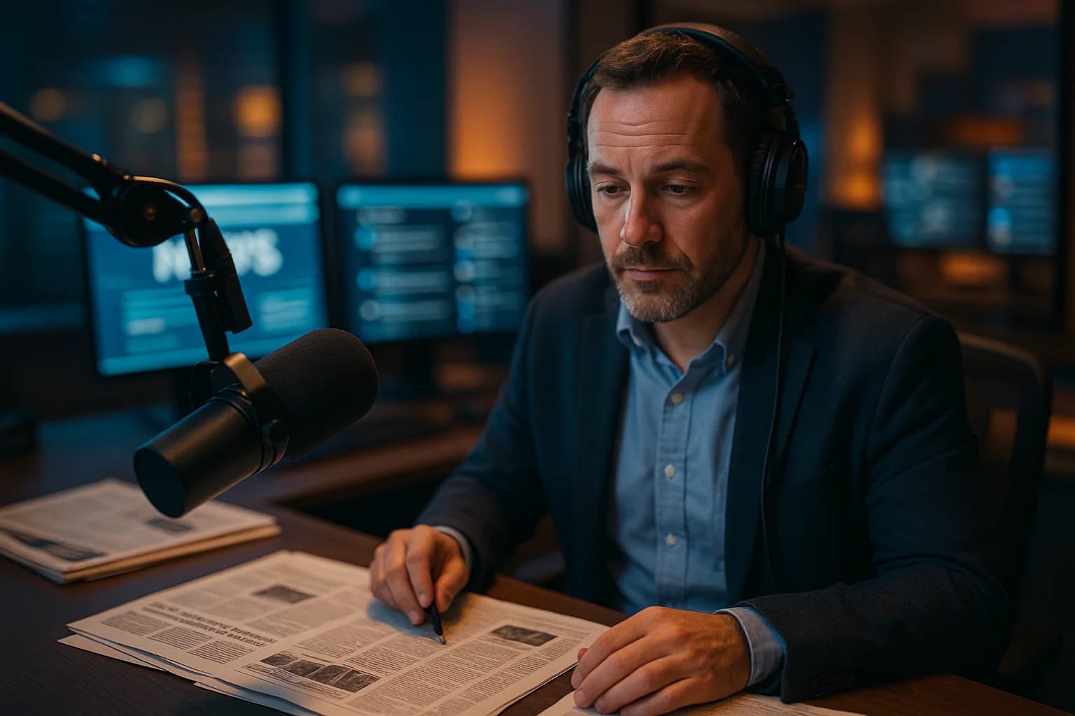Talk radio host at a professional broadcast desk reviewing notes and news sources before going on air in a modern studio