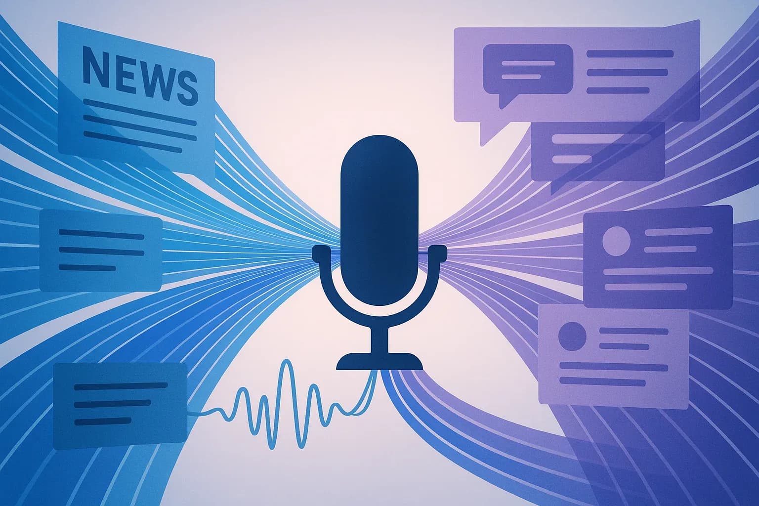 Abstract visualization of news headlines, social media feeds, and audio waveforms converging into a central broadcast focal point representing the information flow a talk radio host must manage