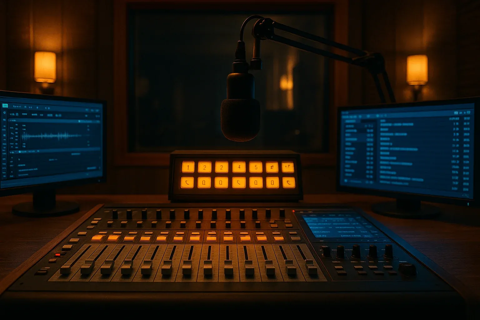 Professional radio studio control room with a glowing phone bank showing multiple incoming caller lines and warm amber studio lighting mixing with cool blue screen glow from monitors