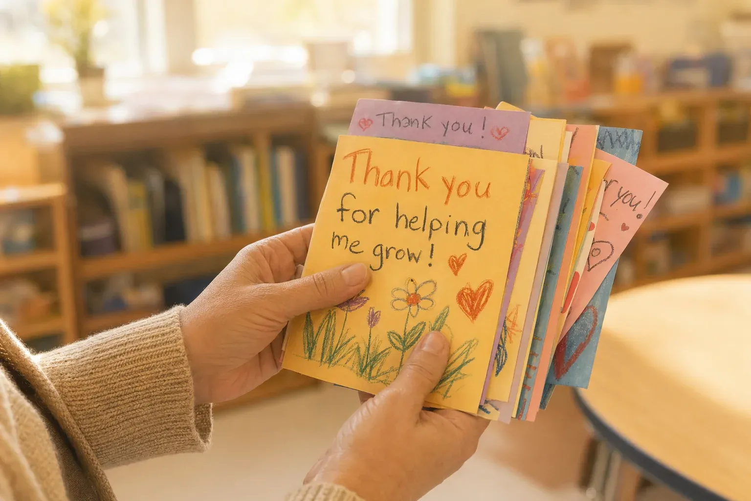 Editorial documentary photograph of a teacher's hands holding a small stack of colorful student-drawn thank-you cards in warm golden afternoon light, classroom interior softly blurred behind — representing the human payoff of Teacher Appreciation Week recognition and listener-driven thank-you content