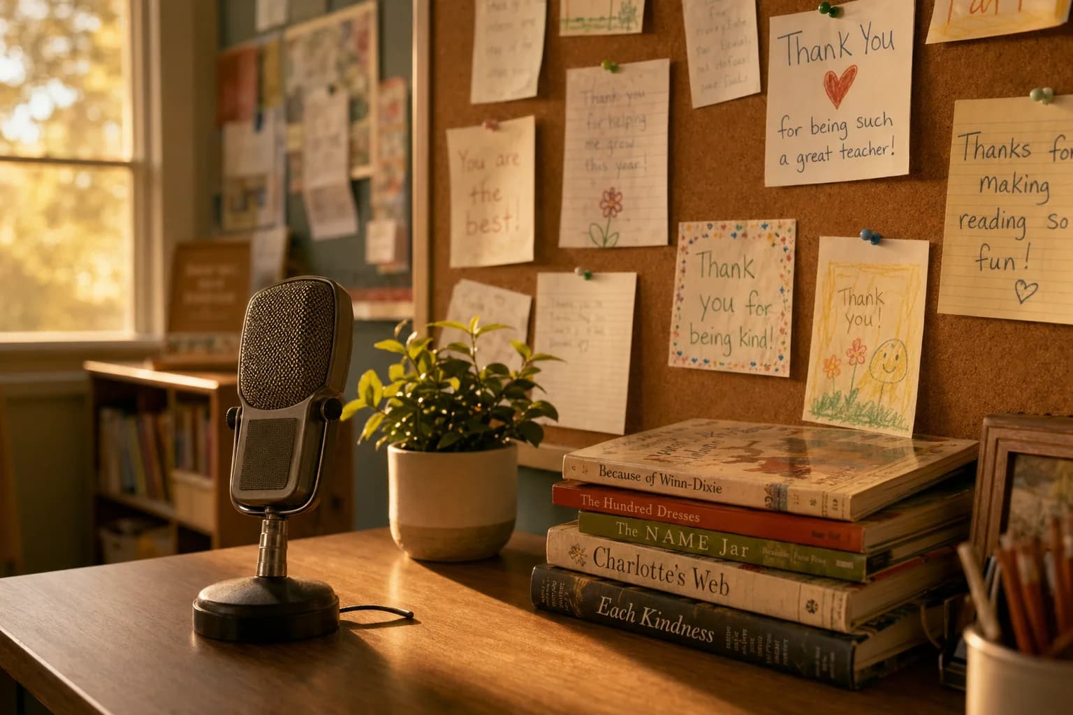 Warm classroom interior with morning light, handwritten thank-you notes pinned to a corkboard, and a vintage classroom-style microphone on the desk — representing Teacher Appreciation Week radio content and community programming