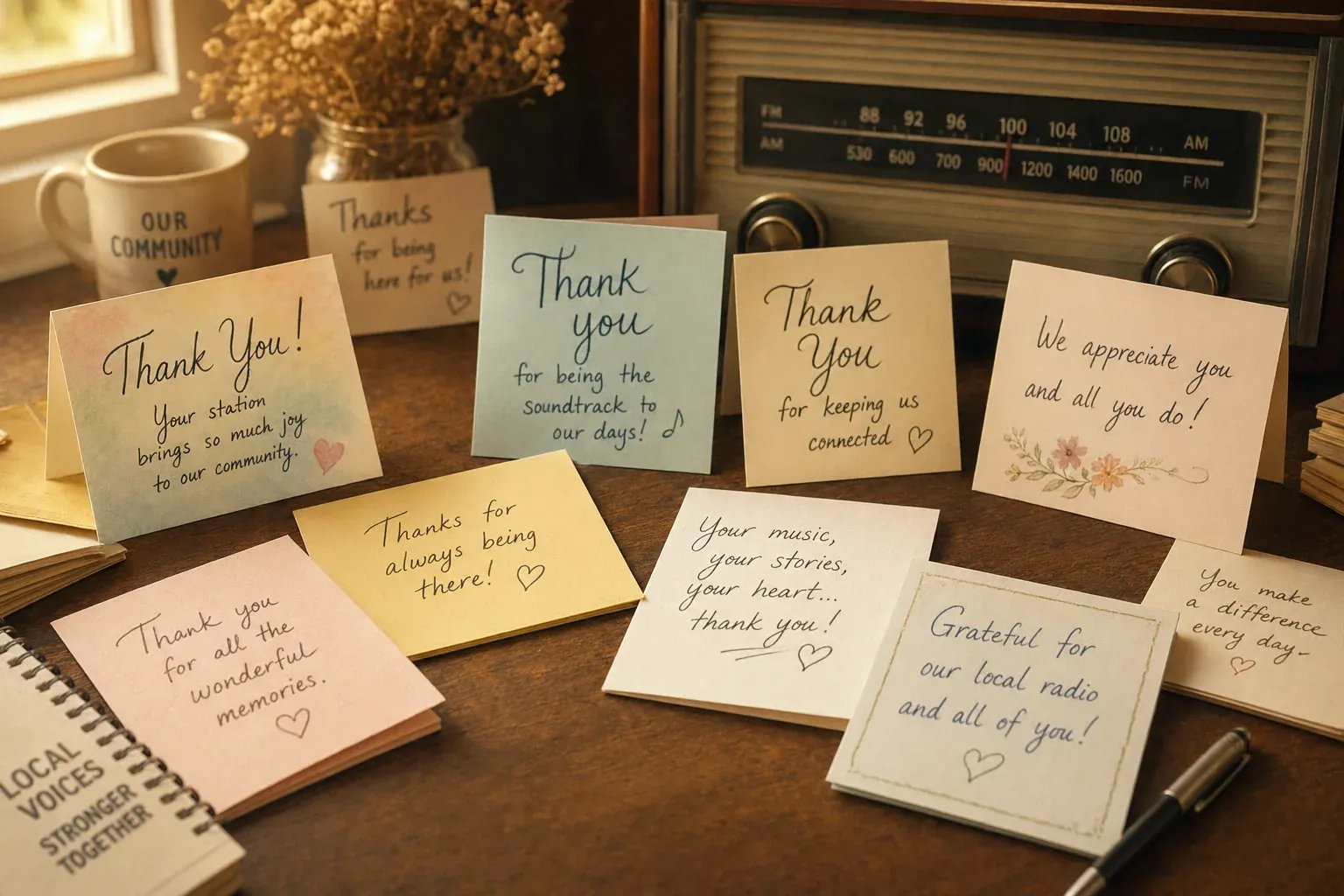 Soft-focus arrangement of handwritten thank-you cards in pastel colors spread across a warm wooden desk with a faint vintage radio dial in the background — conceptual editorial photograph representing community gratitude, listener-submitted thank-yous, and Teacher Appreciation Week radio recognition