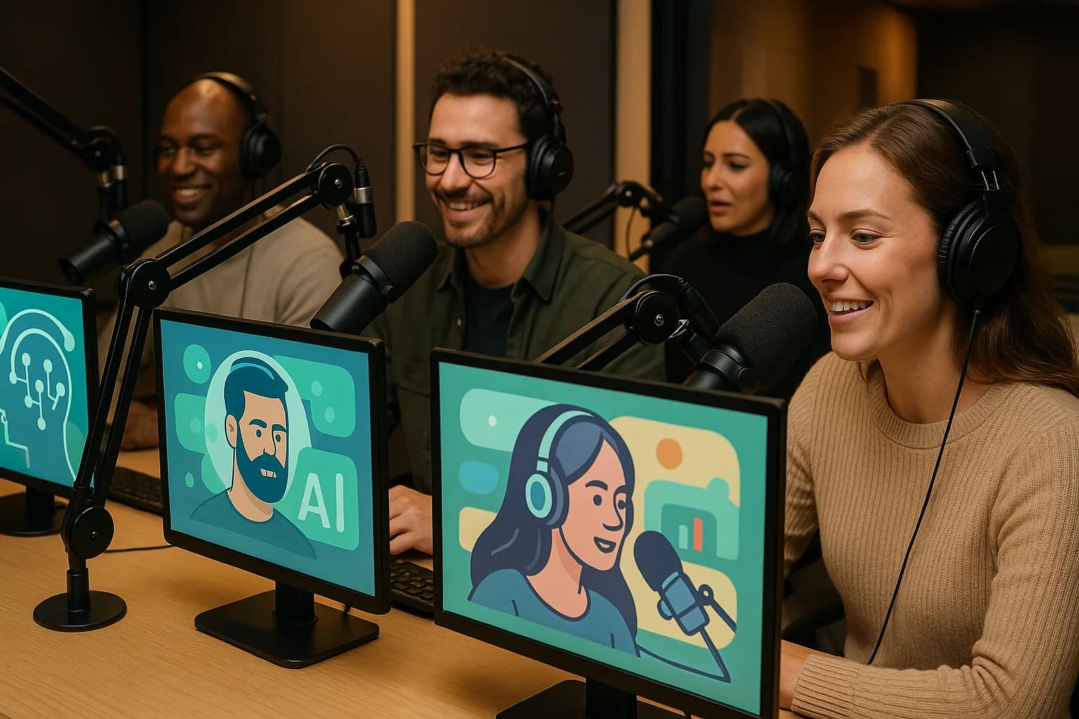 A team of radio broadcasters at a modern station, each at their own microphone with a glowing screen showing personalized AI content