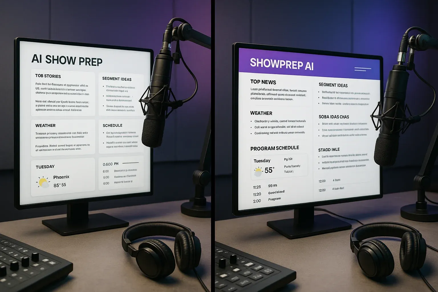 Split-screen comparison of two AI show prep dashboards on a modern radio broadcast desk with studio equipment