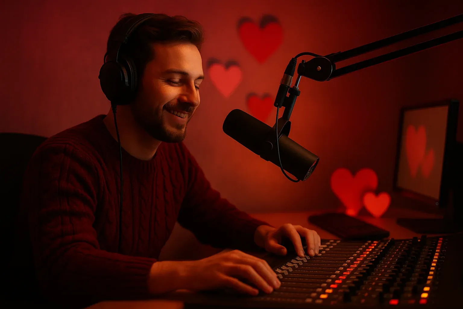 Radio host at a broadcast console with headphones creating Valentine's Day content surrounded by warm red and pink ambient lighting and romantic atmosphere