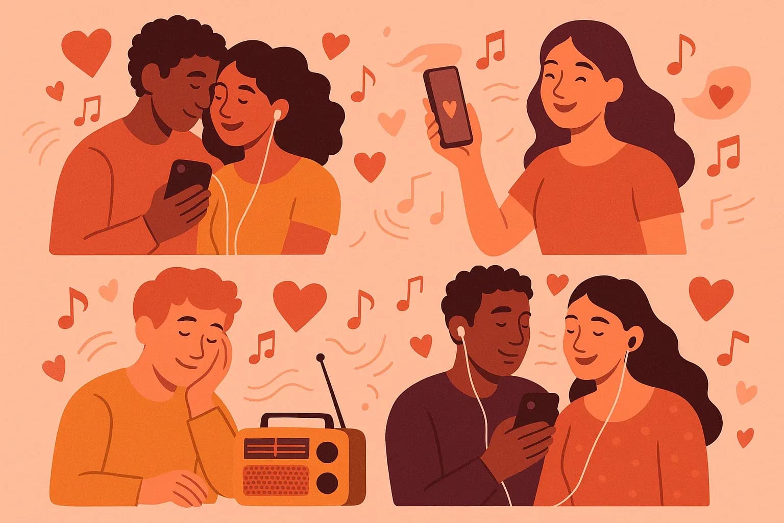 Illustration of diverse couples and singles engaging with radio content through phones and speakers surrounded by Valentine's Day themed hearts and musical notes in warm pink and amber tones