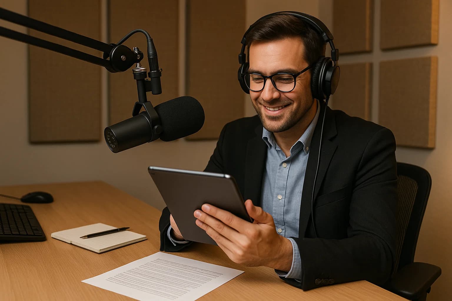 Professional radio host sitting at a modern broadcast desk reviewing show prep notes on a tablet with studio microphone and headphones