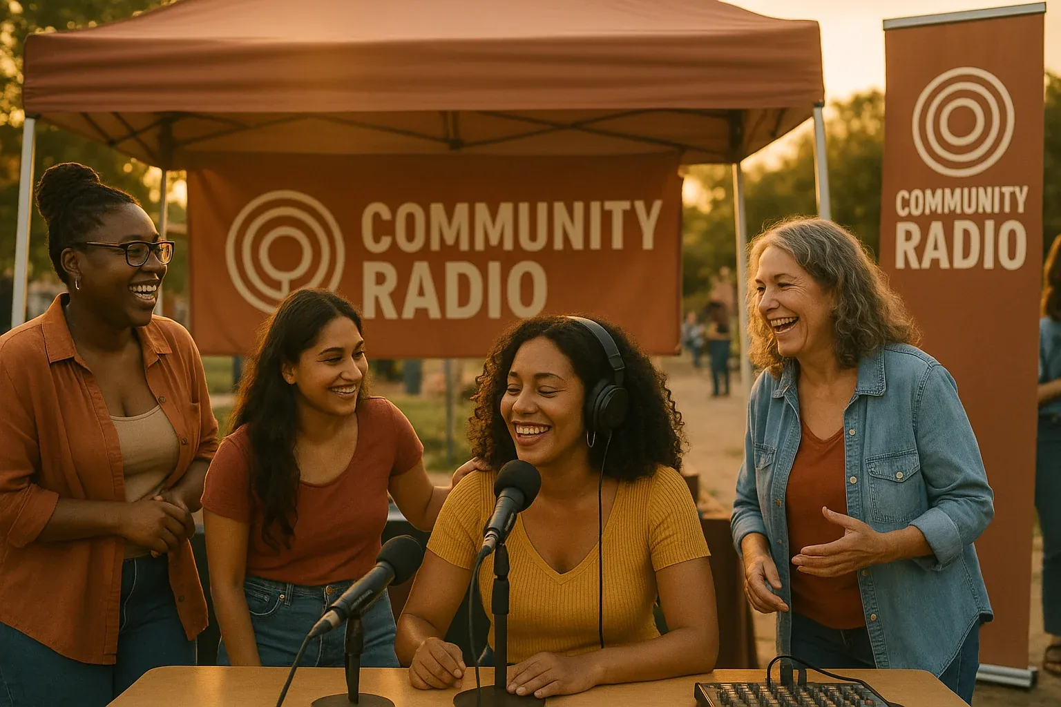 Community radio event scene with diverse women gathering at a radio station live broadcast with outdoor setup and branded banners celebrating Women's History Month
