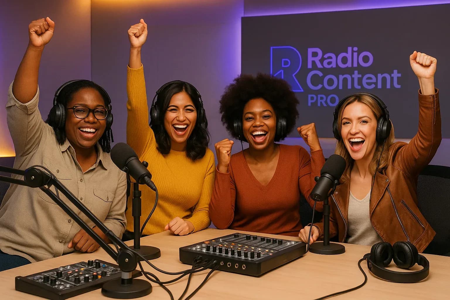 Diverse women radio broadcasters celebrating together in a modern radio studio with purple and gold accent lighting for Women's History Month