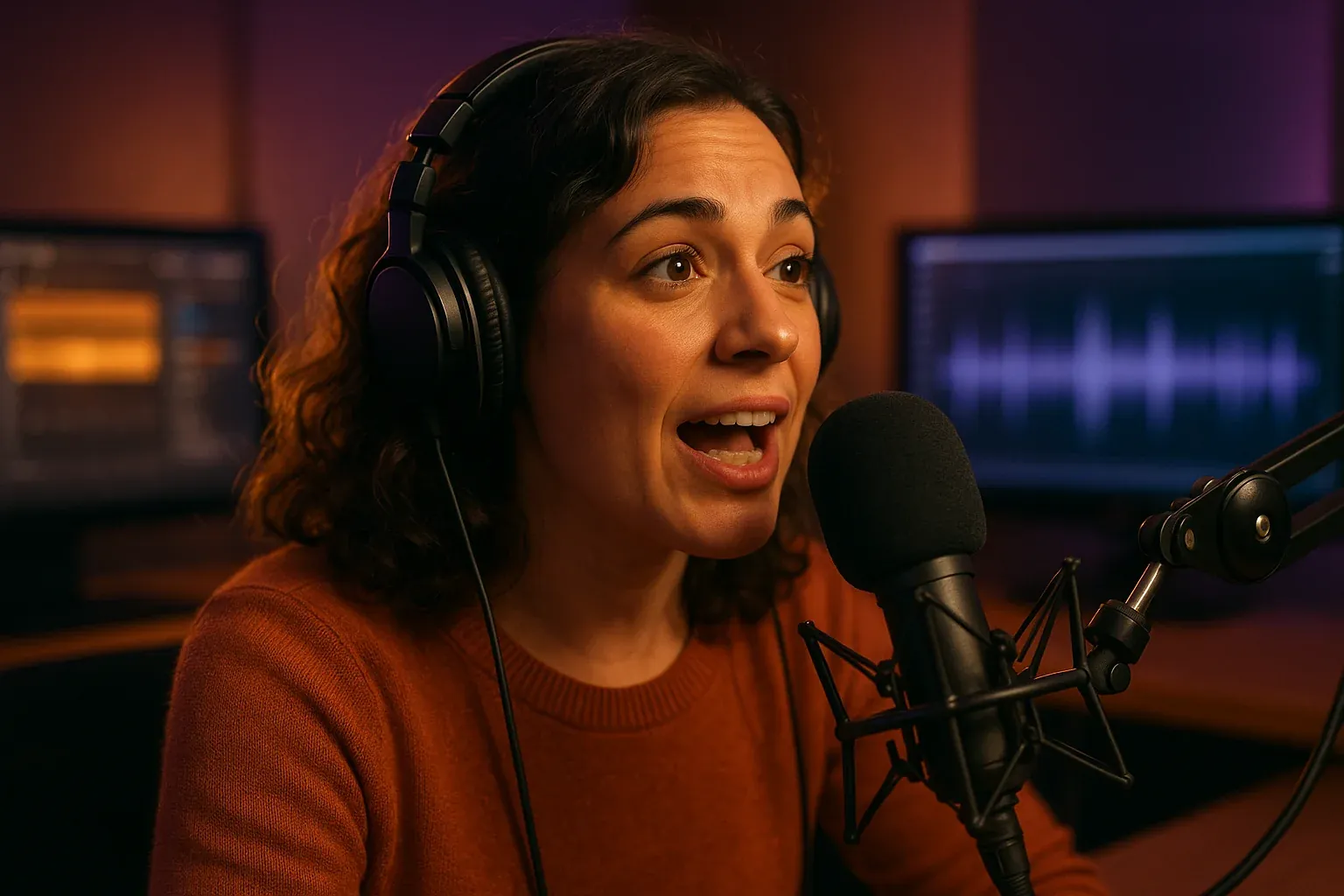 Close-up of a woman radio host speaking passionately into a professional broadcast microphone with studio monitors glowing in the background and purple and gold ambient lighting