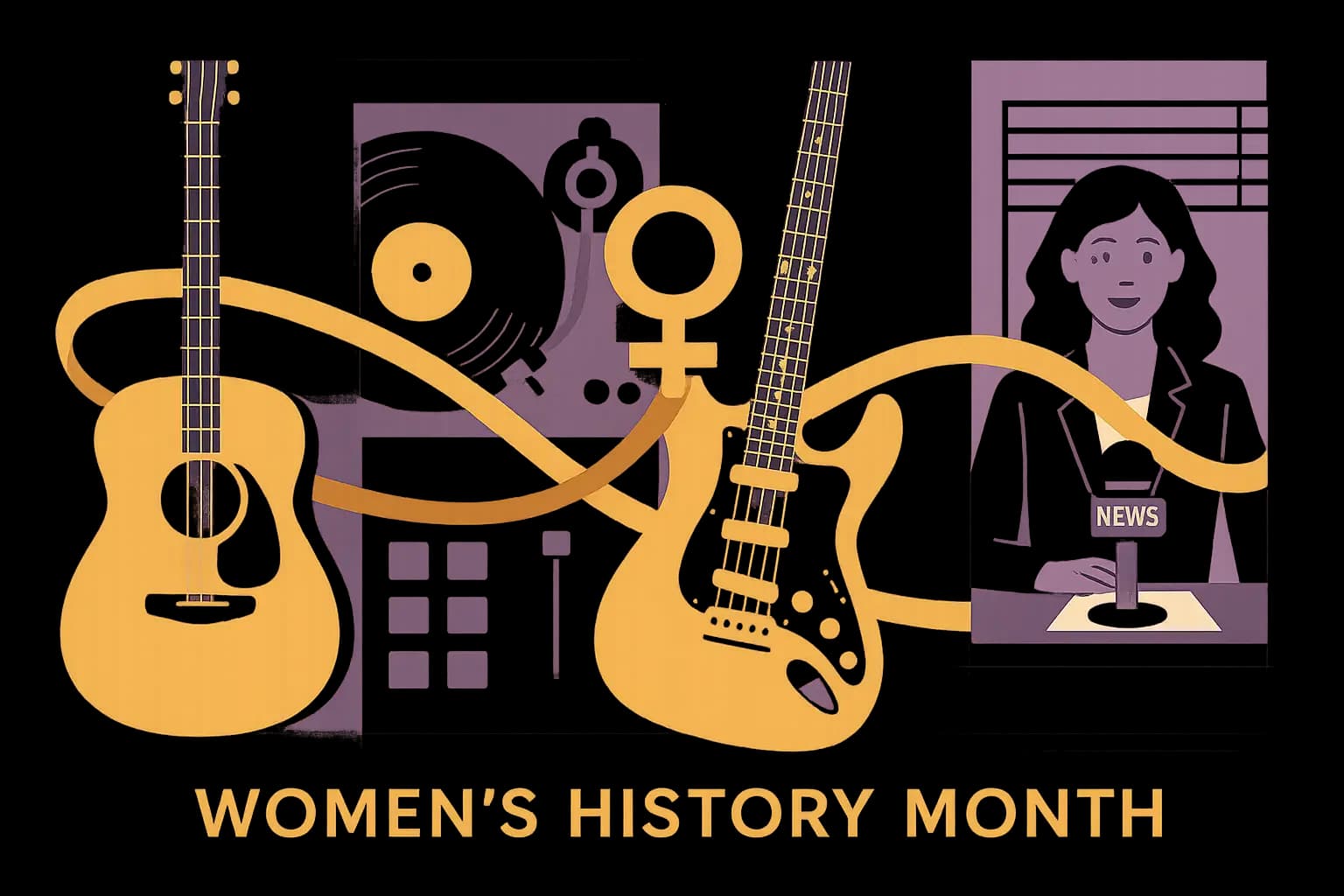 Split visual showing different radio format aesthetics with country guitar, hip hop turntable, rock electric guitar, and news desk connected by a golden ribbon representing women across radio formats