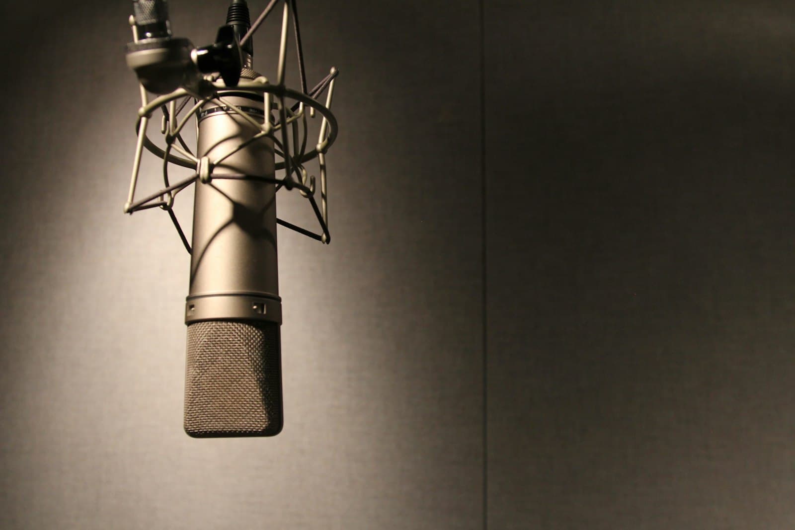 Radio broadcaster speaking into professional studio microphone delivering news content