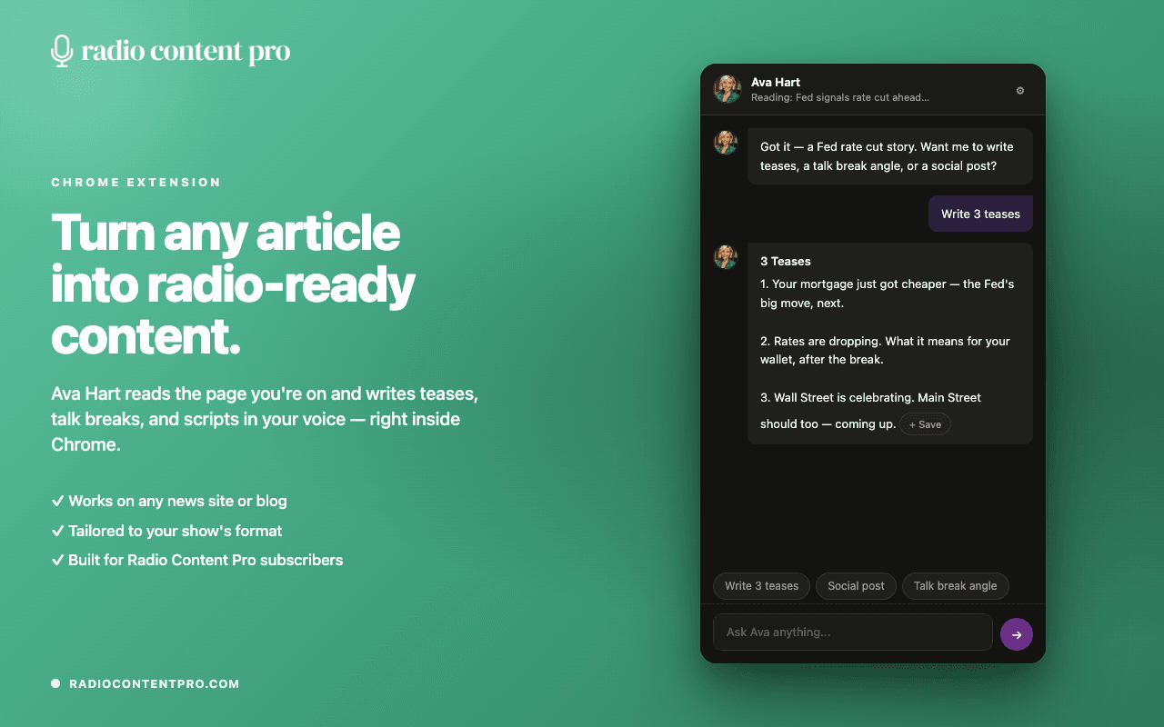 Radio Content Pro side panel showing quick-action chips for generating teases