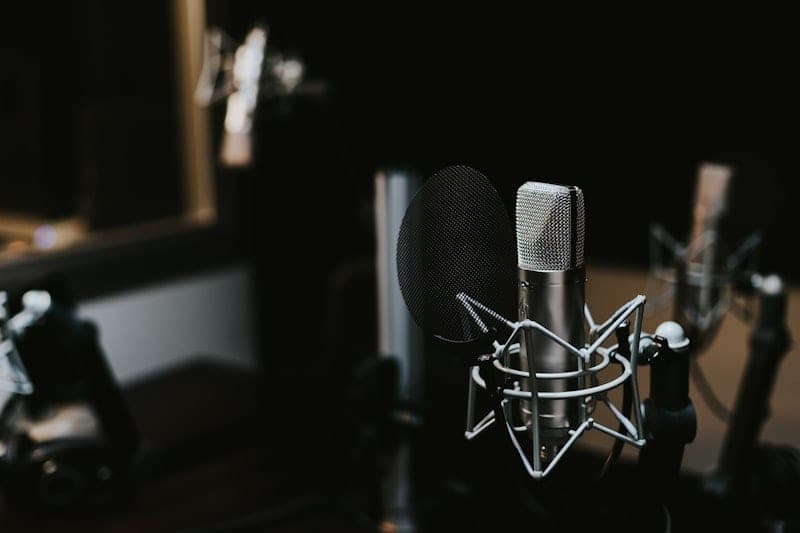 Radio host preparing talk topics in studio