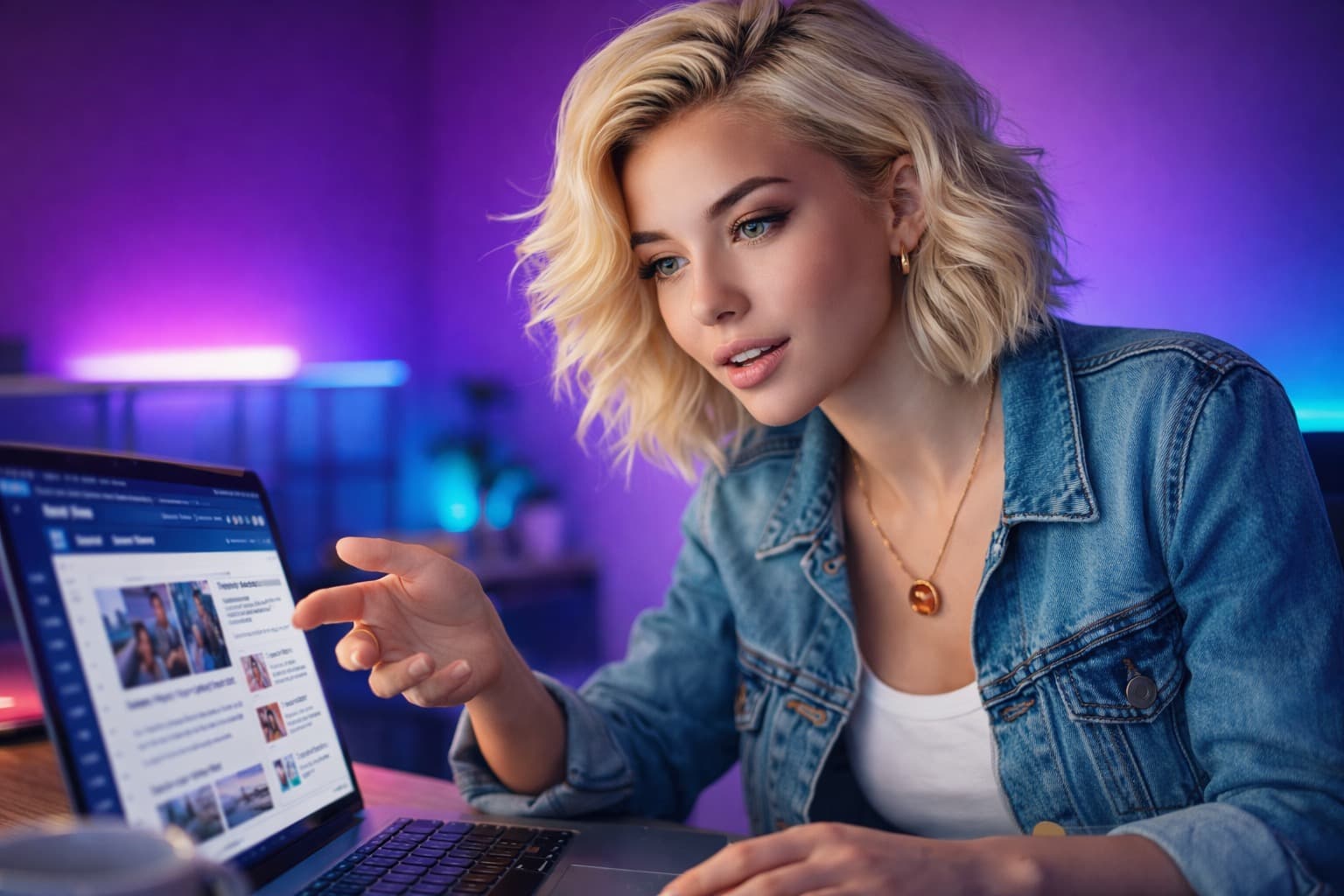 Ava Hart demonstrating Local Beat hyper-local news content setup on laptop