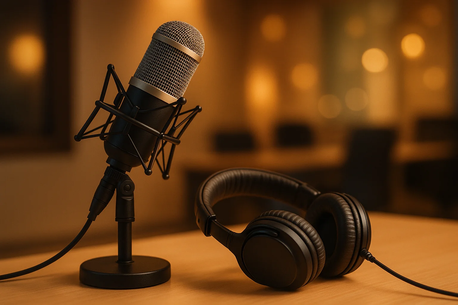 Close-up of a professional radio studio microphone and broadcast headphones on a clean desk with warm studio lighting and soft bokeh in the background