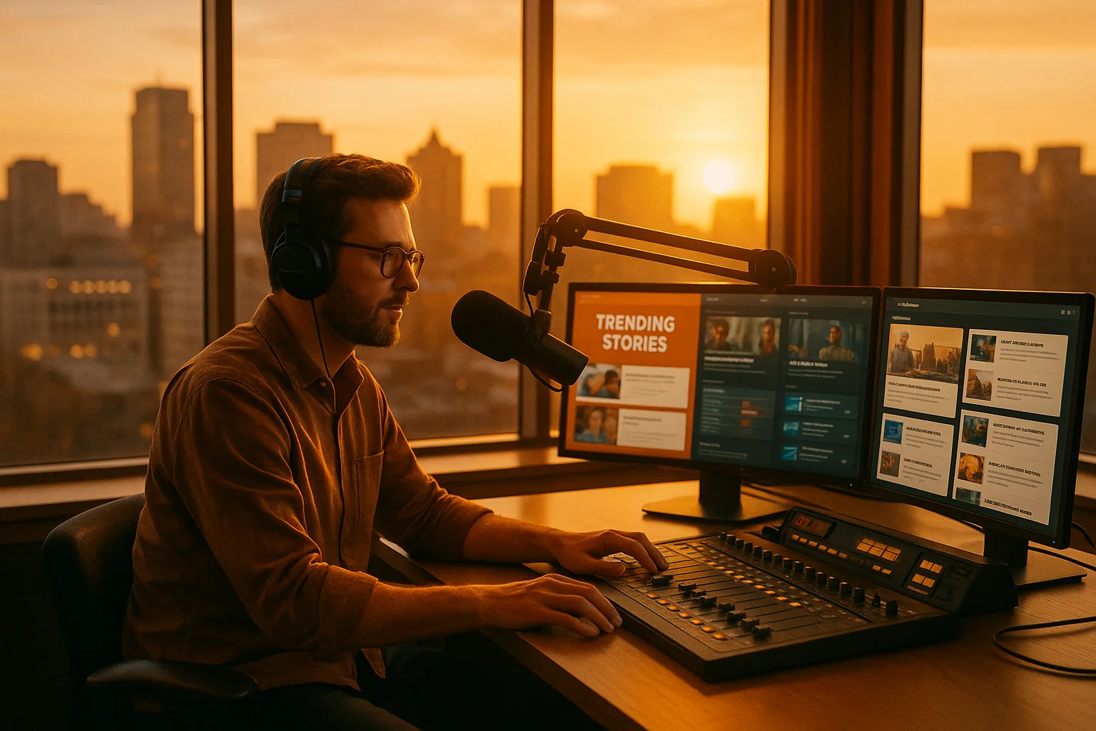 Radio broadcaster at an afternoon studio console with warm golden light through floor-to-ceiling windows showing a late afternoon cityscape with multiple screens displaying trending stories and content dashboards
