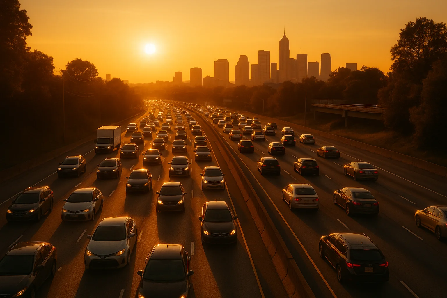 Aerial view of afternoon commuters driving on a busy highway during golden hour sunset with warm amber light reflecting off windshields and urban skyline in background