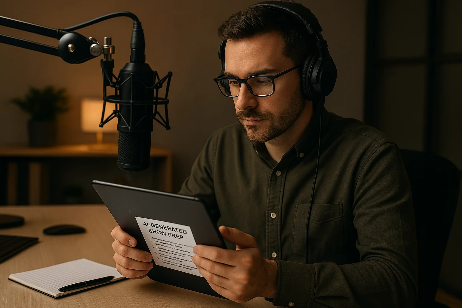 Radio host reviewing AI-generated show prep content on a tablet at a modern broadcast desk, studio microphone in foreground, organized workspace with soft warm lighting, focused and productive atmosphere
