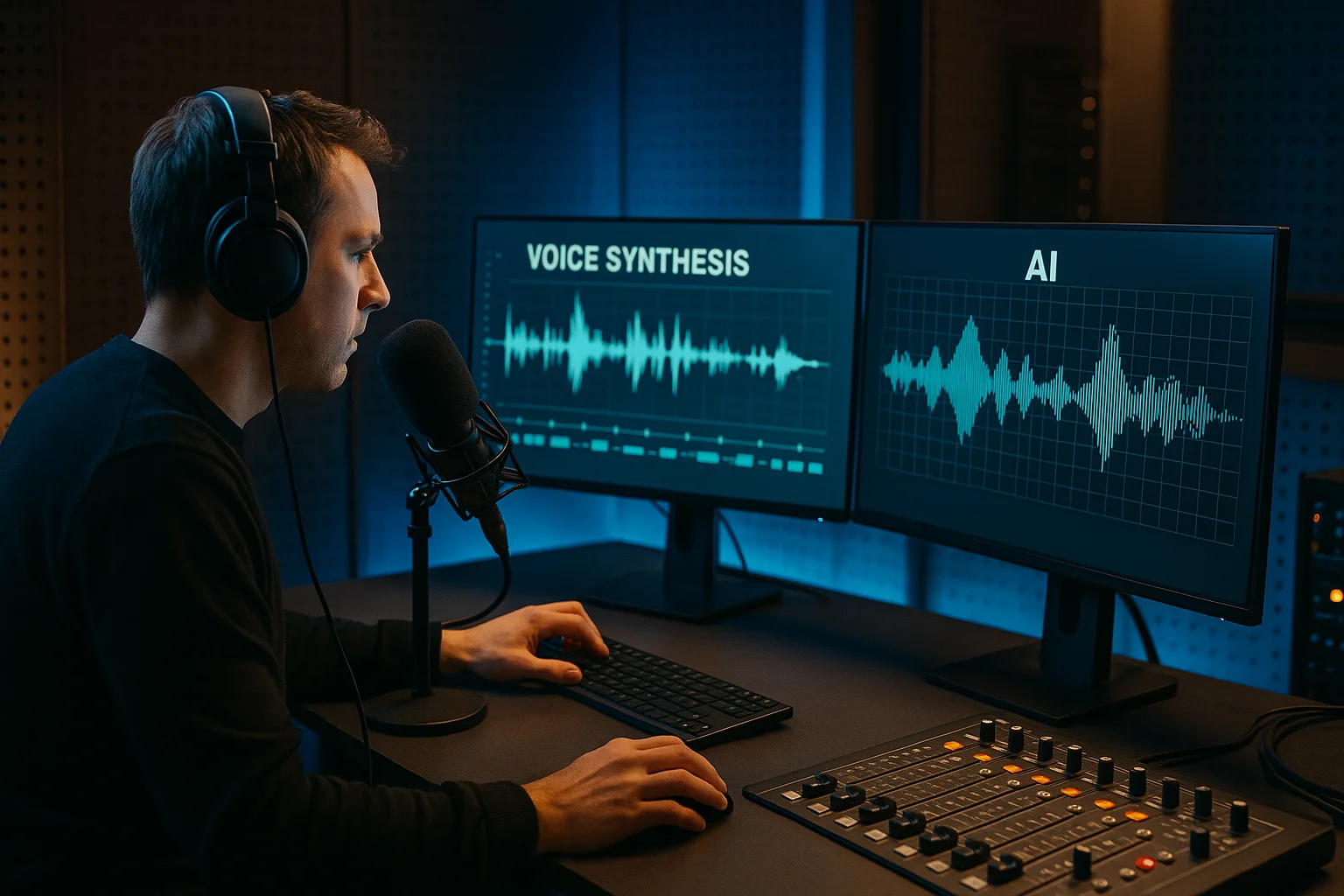 Audio engineer working with voice synthesis software on dual monitors in a professional radio production studio, AI waveform visualizations on screen, modern equipment, cool blue accent lighting mixed with warm studio glow