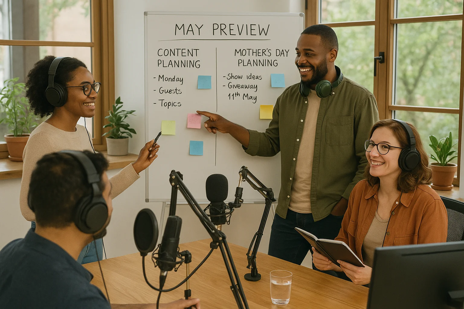 Radio team of diverse professionals collaborating around a content planning whiteboard with May preview notes and Mother's Day planning in a modern broadcast office with spring greenery visible through windows