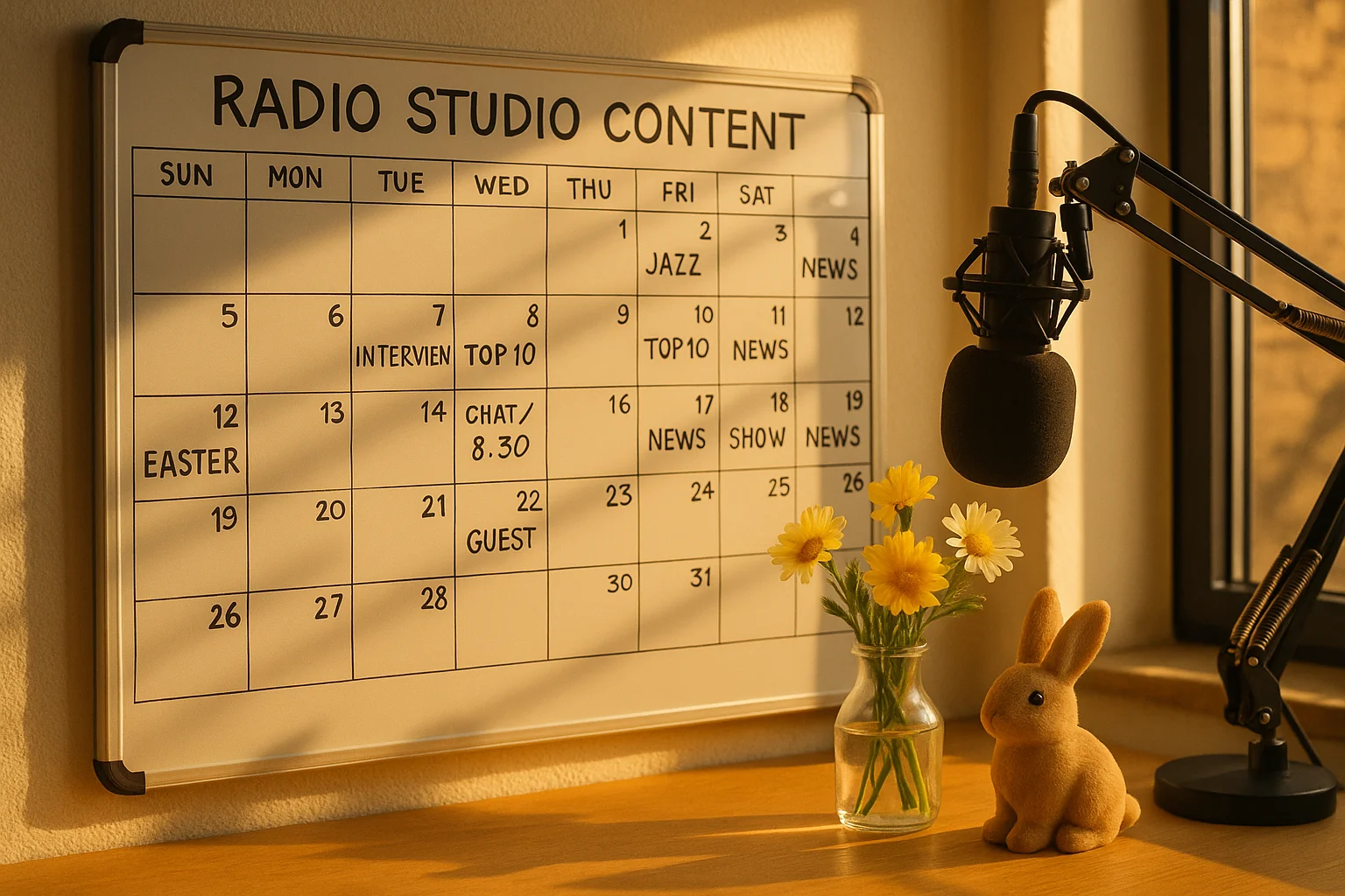 Close-up of a radio studio content planning board with April dates marked, Easter decorations on corner of desk, spring flowers in a small vase, warm morning golden hour light